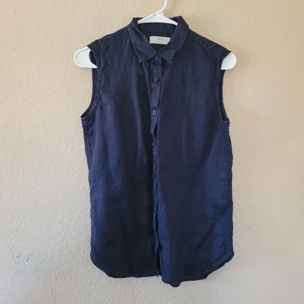 Uniqlo 100% Linen Sz Small Sleeveless Shirt Blue Natural Fiber Capsule Wardrobe